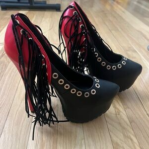Tassel black and red with hardware platform pump heels dancing dominatrix